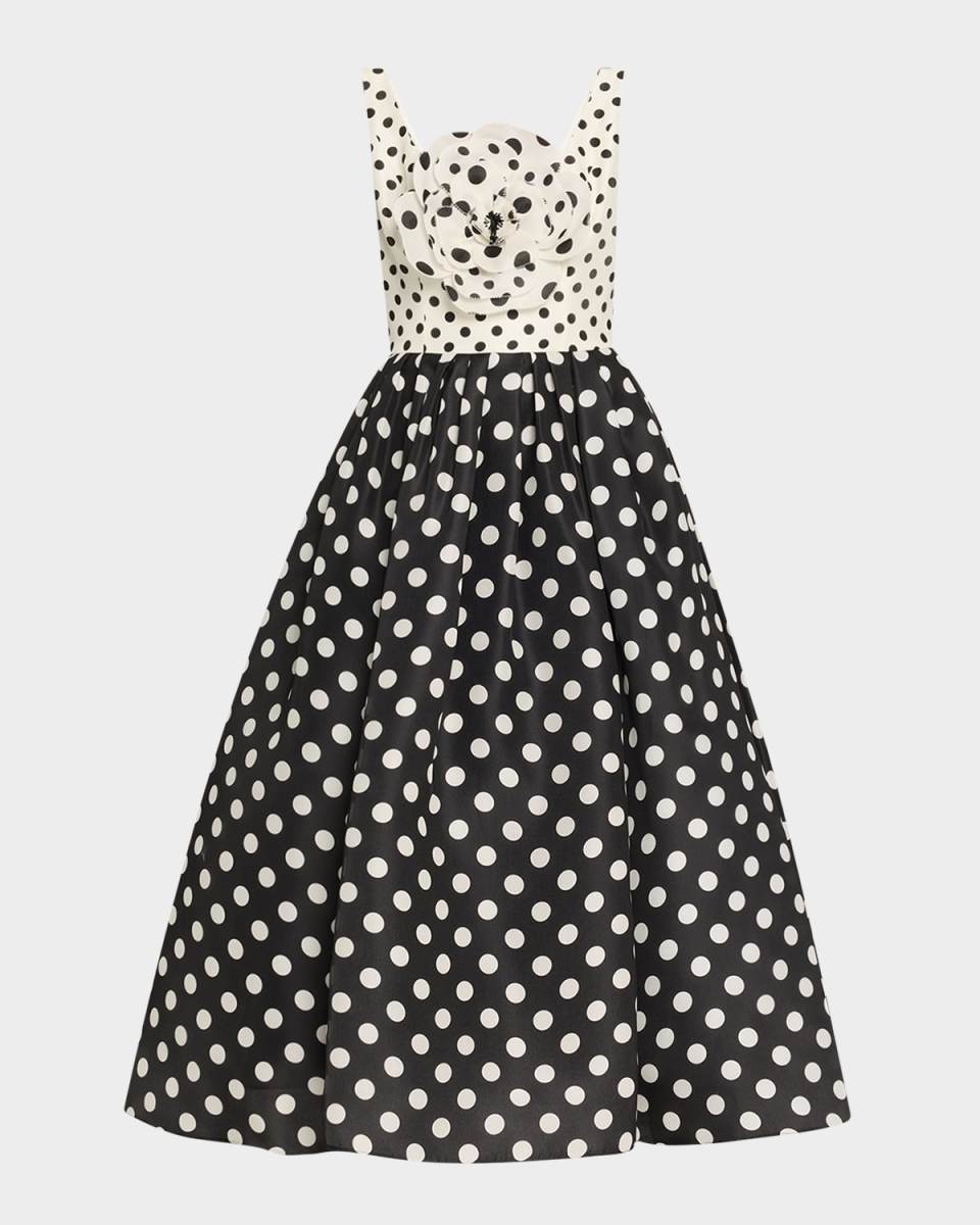 Polka-Dot Flower Sleeveless Tea-Length Dress
